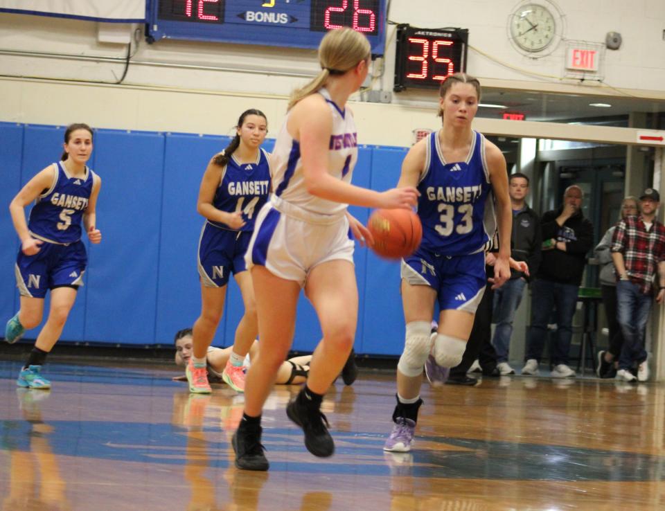 Brielle Haddocks of Narragansett Regional takes off down the court in a Round of 16 game against West Boylston on March 5, 2024.