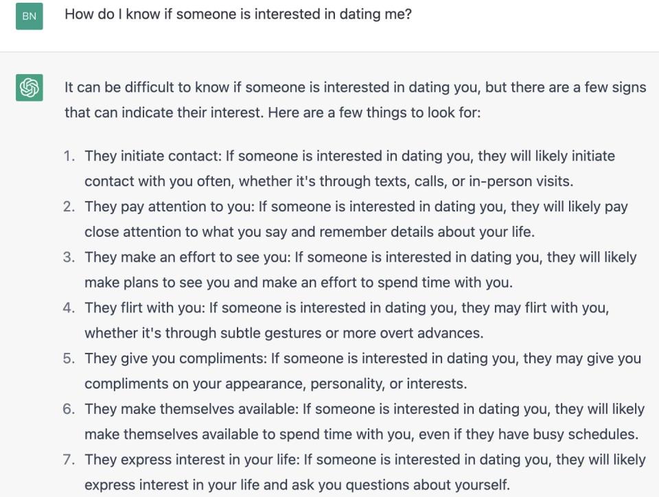 Screenshot of ChatGPT response to "How do I know if someone is interested in dating me?"