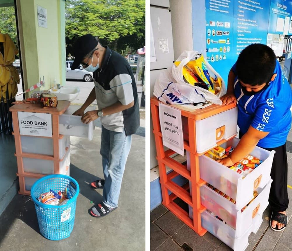 The young and old stocking up food cabinets with essentials such as packet drinks and bread. — Picture courtesy of Irene Hisham