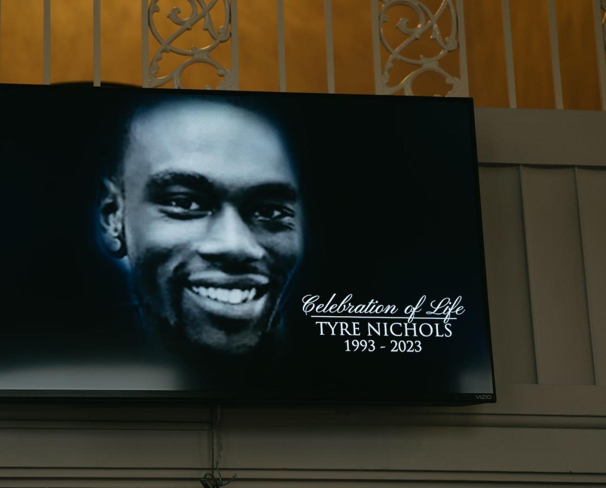 A portrait of Tyre Nichols at the entrance of the church where his funeral was held in Memphis, Tenn., on Feb. 1, 2023. <a href="https://www.gettyimages.com/detail/news-photo/screen-at-the-entrance-of-mississippi-boulevard-christian-news-photo/1246727538?phrase=tyre%20nichols&adppopup=true" rel="nofollow noopener" target="_blank" data-ylk="slk:Lucy Garrett/Getty Images;elm:context_link;itc:0;sec:content-canvas" class="link ">Lucy Garrett/Getty Images</a>