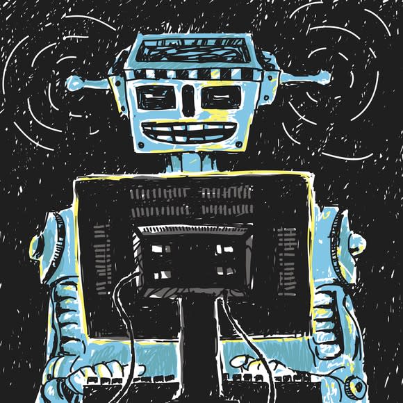 Graphic of robot typing at a computer.