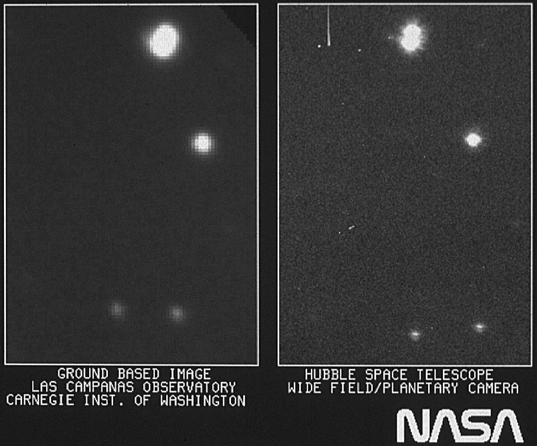 Even accounting for the aberration in Hubble's mirror, the space telescope's image (right) offers more clarity than what was generally possible with ground-based observations (left): Left: E. Persson (Las Campanas Observatory, Chile)/Observatories of the Carnegie Institution of Washington; Right: NASA, ESA and STScI