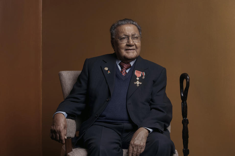 Manu Chandaria poses for a picture before the Carnegie Medal of Philanthropy Ceremony at Gotham Hall on Thursday, Oct. 13, 2022, in New York. (AP Photo/Andres Kudacki)