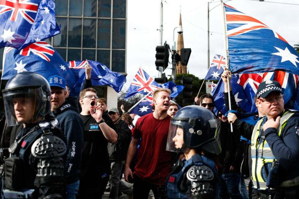 Police patrol as members of the right wing nationalists 'True Blue Crew' march during a protest organized by the anti-Islam True Blue Crew supported by the United Patriots Front, in Melbourne, Australia on June 25, 2017.<span class="copyright">Asanka Brendon Ratnayake/Anadolu Agency/Getty Images</span>