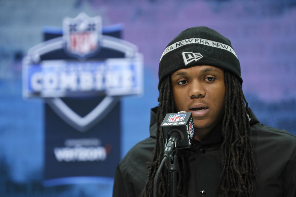 FILE - In this Feb. 26, 2020, file photo, Maryland running back Anthony McFarland speaks during a press conference at the NFL football scouting combine in Indianapolis. Steelers rookie running back Anthony McFarland is doing Zoom meetings with coaches then heading outside to see if he's lining up in the right spots. Yeah, it's weird, but he and his fellow rookies are making due. (AP Photo/Charlie Neibergall, File)