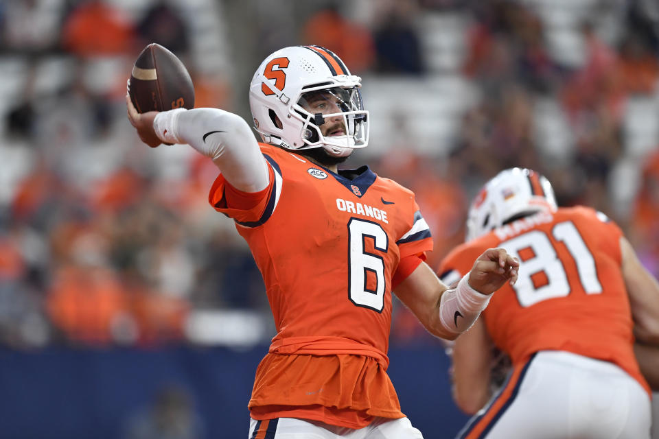 Syracuse quarterback Garrett Shrader (6) throws a pass during the first half of an NCAA college football game against Western Michigan in Syracuse, N.Y., Saturday, Sept. 9, 2023. (AP Photo/Adrian Kraus)