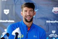 Michael Phelps of the U.S. answers questions during the morning news conference on day one of the Arena Pro Series at the George F. Haines International Swim Center in Santa Clara, California, U.S., June 18, 2015. Bob Stanton-USA TODAY Sports/Files