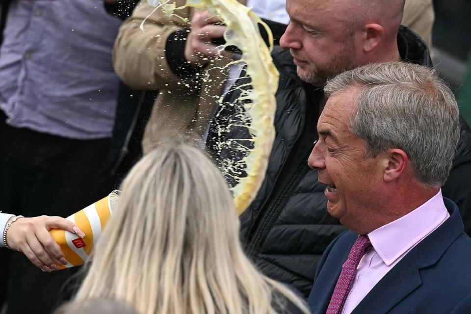 The Reform Party leader had a McDonalds milkshake thrown over him in Clacton last Tuesday (AFP via Getty Images)