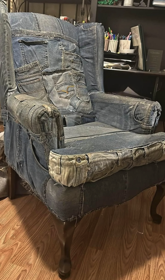 DIY chair reupholstered using denim jeans