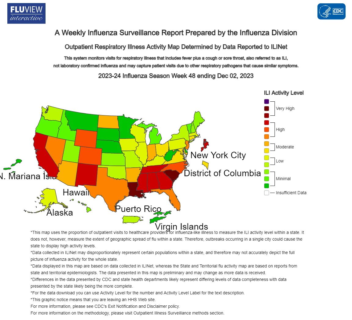 A map by the CDC outlining influenza like illness in the United States for the 2023-2024 season.