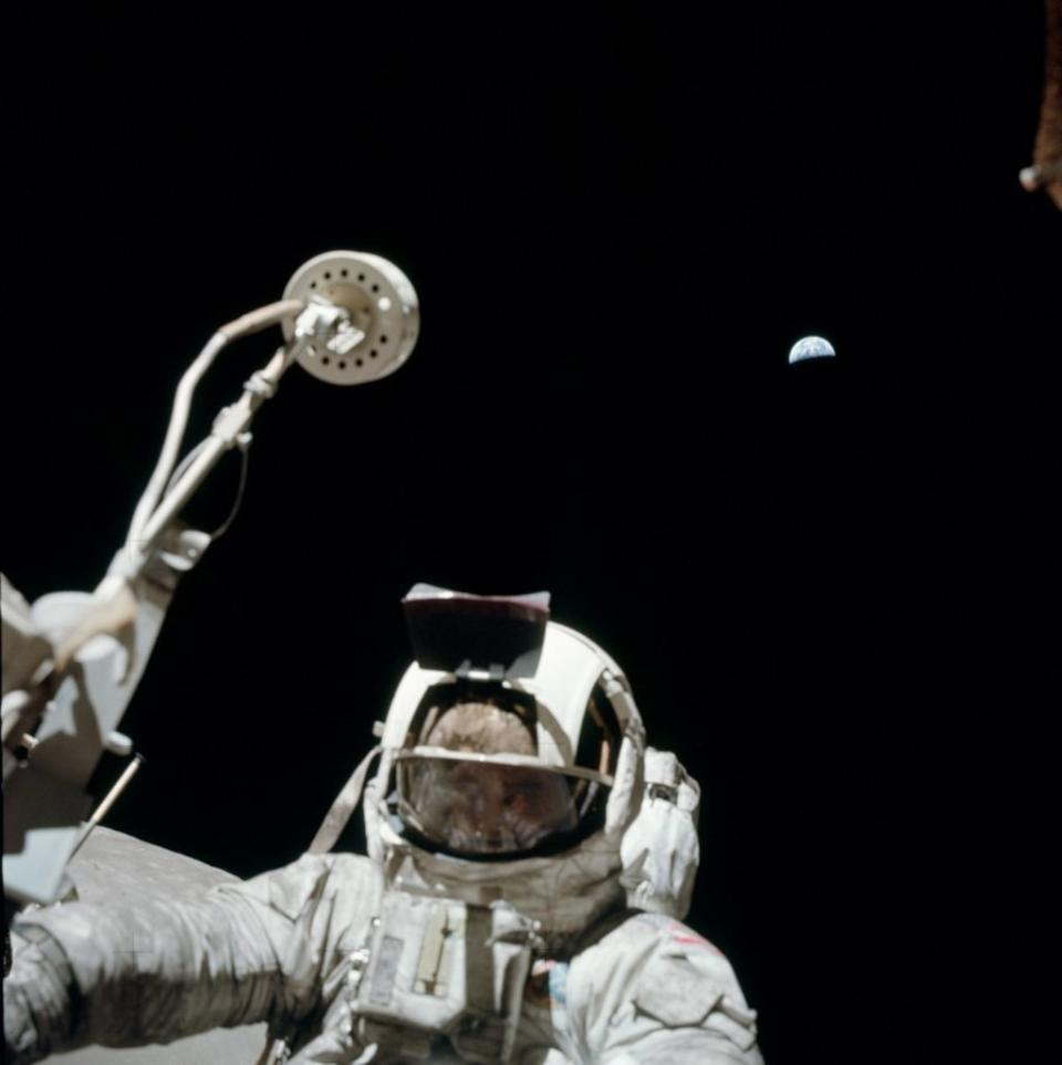 Geologist and astronaut Harrison Schmitt, Apollo 17 lunar module pilot, during NASA's final lunar landing mission in the Apollo series. <cite>NASA</cite>