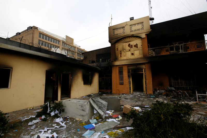 FILE PHOTO: A view of the Iranian consulate after Iraqi demonstrators stormed and set fire to the building during ongoing anti-government protests in Najaf