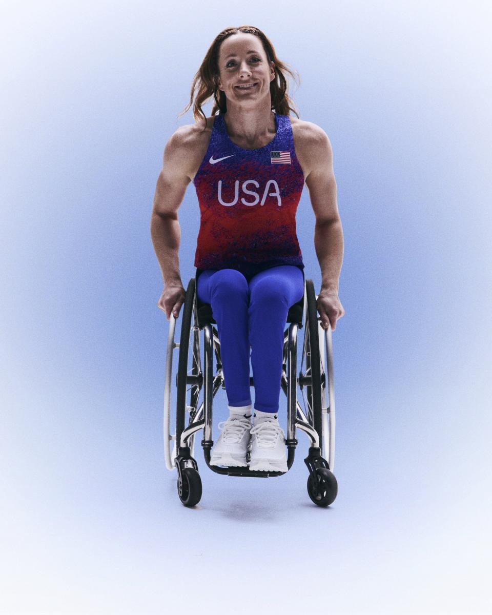 Tatyana McFadden, a paralympic athlete on Team USA wears the leotard that has elicited controversy hours after Nike unveiled the line on Thursday, April 11.