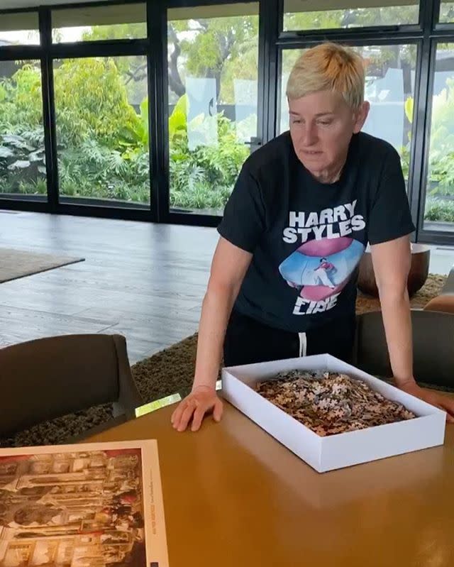 <p>While The Ellen Show, among a long list of others, has suspended production amid the outbreak, Ellen has set her mind to other activities, including this mammoth 4000 piece puzzle. </p><p>Side note: Is that a Harry Styles t-shirt we see her wearing?</p><p><a href="https://www.instagram.com/p/B9znvMchx55/" rel="nofollow noopener" target="_blank" data-ylk="slk:See the original post on Instagram;elm:context_link;itc:0;sec:content-canvas" class="link ">See the original post on Instagram</a></p>