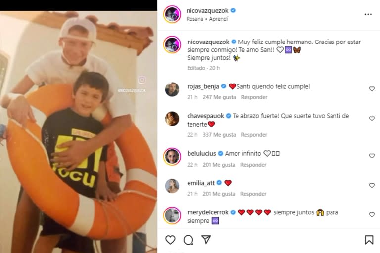 Nico Vázquez compartió un posteo dedicado a su hermano Santiago y recibió el cariño de amigos y colegas del medio