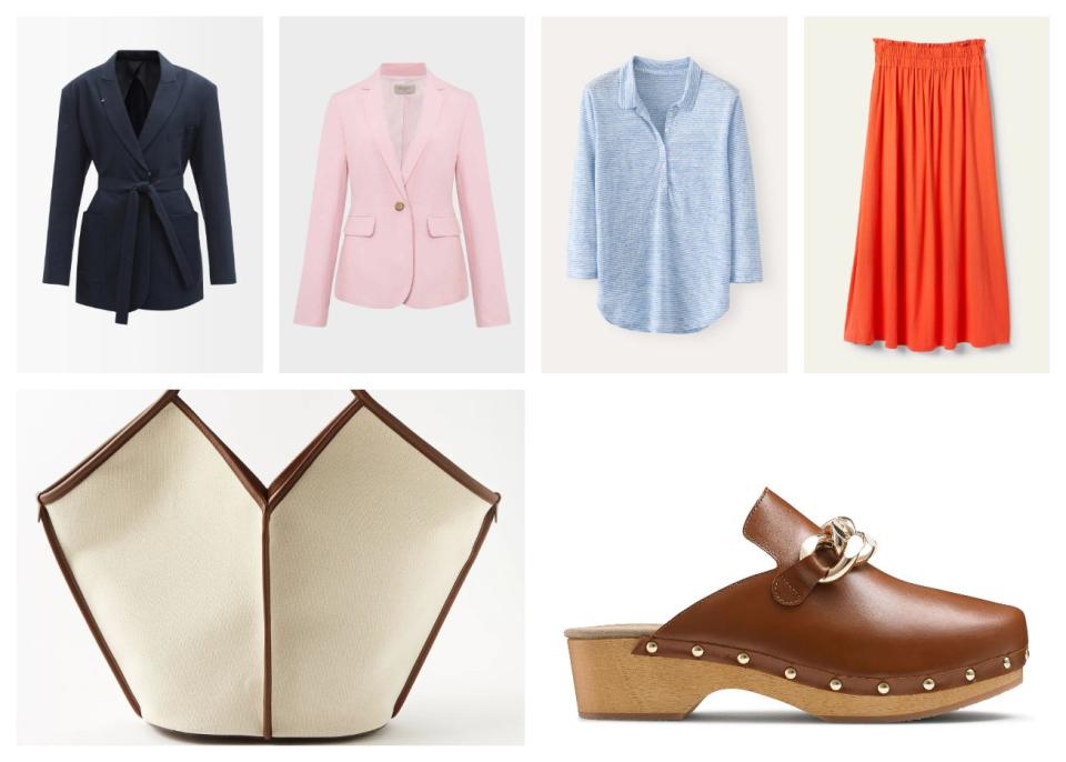 Hereu canvas tote, £300; Trinity silk blend jacket, £179; Dellabosco chain closed-toe clog, £225; Seersucker shirt, £115; Pull-on jersey maxi, £70; Raey cotton belted jacket, £595