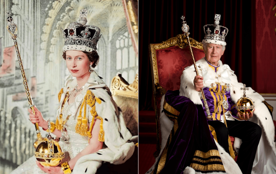 查爾斯與母親相隔70年的加冕照。（翻攝自英國王室網站）