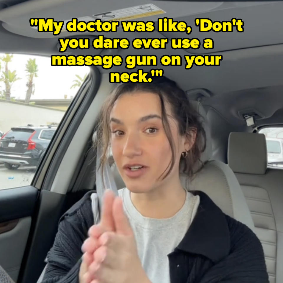 Image of Sophie talking with caption "My doctor was like, 'Don't you dare ever use a massage gun on your neck."