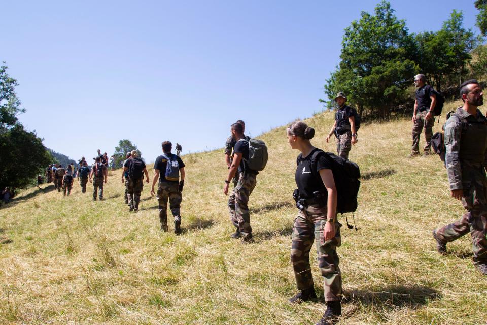 Vernet, France. 10th July, 2023. A group of gendarmes are looking for little Emile in a steep area. French police are engaged in an extensive air and land search for a missing two-year-old boy who disappeared from a village in the south of the country at the weekend. The toddler, Émile, was playing in the garden of his grandparents' house in a hamlet just outside Le Vernet in the Alpes-de-Haute-Provence between Grenoble and Nice when he vanished on Saturday afternoon. Vernet, France, July 10, 2023. Photo by Thibaut Durand/ABACAPRESS.COM Credit: Abaca Press/Alamy Live News