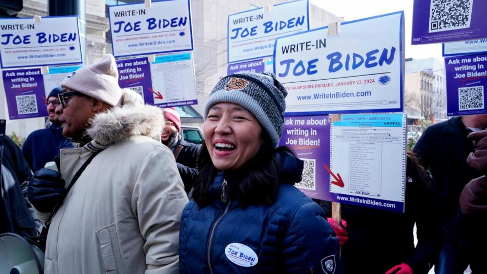 PHOTO: Boston Mayor Michelle Wu joins supporters demonstrating at a Joe Biden Write-In Rally in Manchester, N.H., on Jan. 20, 2024. (Timothy A. Clary/AFP via Getty Images)