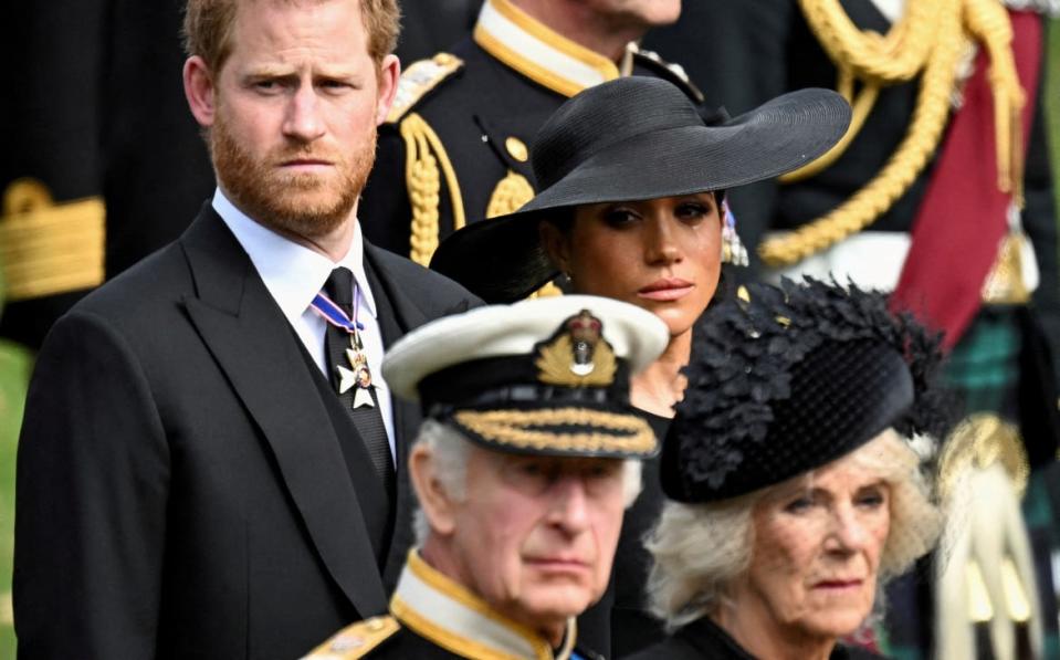 <div class="inline-image__caption"><p>Britain's Meghan, Duchess of Sussex, cries as she, Prince Harry, Duke of Sussex, Queen Camilla and King Charles attend the state funeral and burial of Britain's Queen Elizabeth, in London, Britain, September 19, 2022.</p></div> <div class="inline-image__credit">Toby Melville/Reuters</div>