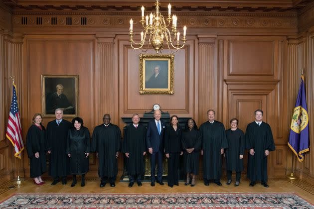 Supreme Court justices, featuring newly seated Justice Ketanji Brown Jackson, were photographed with President Joe Biden ahead of the opening of their October 2022 term. (Photo: Photo by Collection of the Supreme Court of the United States via Getty Images)