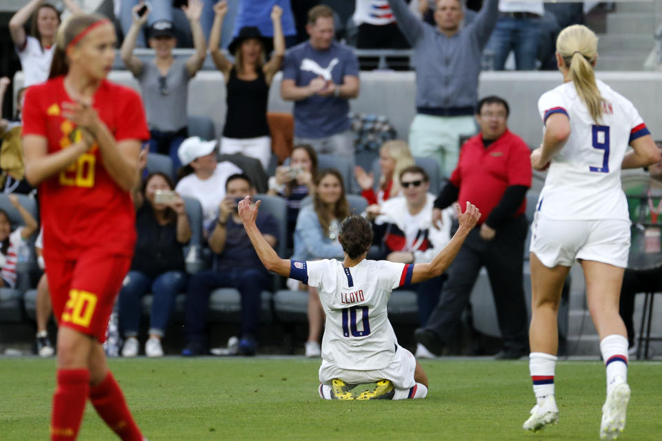 U.S. forward Carli Lloyd (10) celebrates her goal against Belgium during the first half of an international friendly soccer match Sunday, April 7, 2019, in Los Angeles. (AP Photo/Ringo H.W. Chiu)