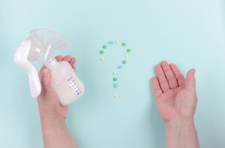 <span class="caption">In many cases, medications that mothers take won’t affect a breastfeeding baby.</span> <span class="attribution"><a class="link " href="https://www.shutterstock.com/image-photo/breast-pump-hands-tablets-arranged-question-1206543595?src=09TLpozoCEjoPNmXV1bN9Q-1-0" rel="nofollow noopener" target="_blank" data-ylk="slk:Victoria Stakh/Shutterstock;elm:context_link;itc:0;sec:content-canvas">Victoria Stakh/Shutterstock</a></span>