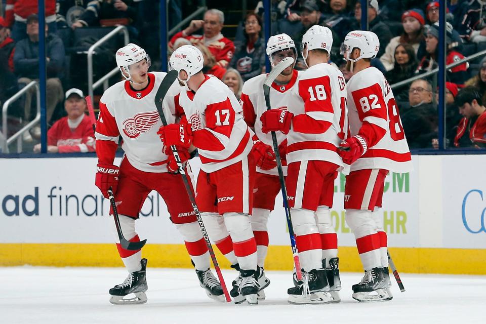 Detroit Red Wings defenseman Filip Hronek (17) celebrates after scoring a goal against the Columbus Blue Jackets during the second period at Nationwide Arena in Columbus, Ohio, on Saturday, Nov. 19, 2022.