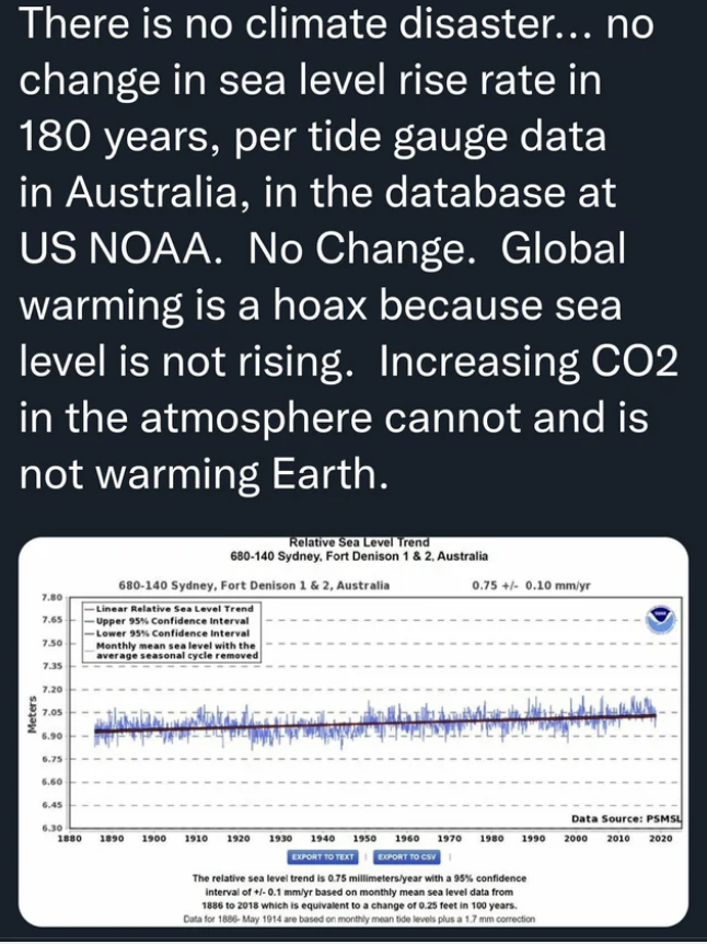 A climate change denier posting a chart that clearly shows a ride in sea level over the last 150 years