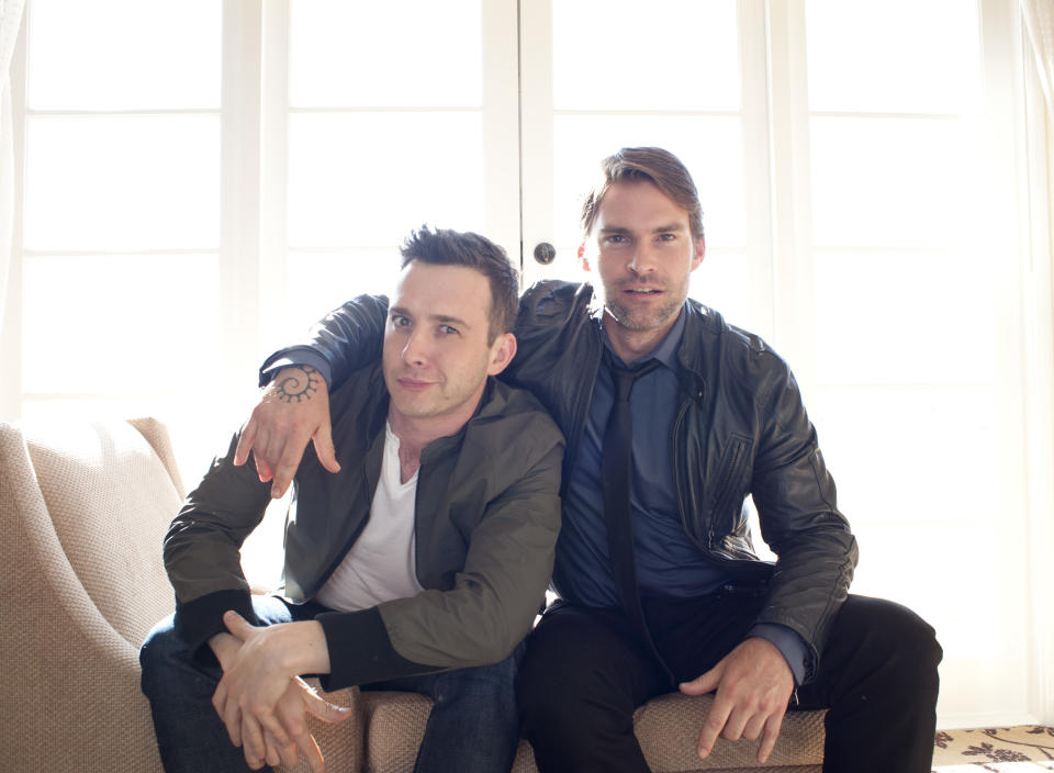 In this March 18, 2012 file photo, actors Eddie Kaye Thomas, left, and Seann William Scott pose for a portrait during a media day for the upcoming feature film "American Reunion" in Los Angeles. The film opens nationwide on Friday, April 6. (AP Photo/Dan Steinberg)