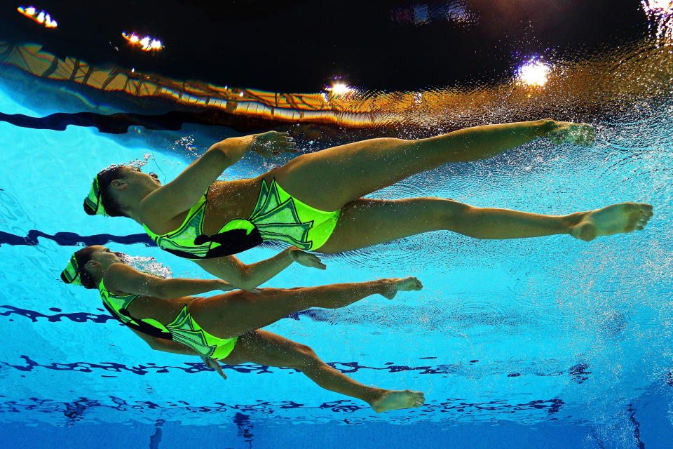 LONDON, ENGLAND - AUGUST 05: Pamela Fischer and Anja Nyffeler of Switzerland compete in the Women's Duets Synchronised Swimming Technical Routine on Day 9 of the London 2012 Olympic Games at the Aquatics Centre on August 5, 2012 in London, England. (Photo by Clive Rose/Getty Images)