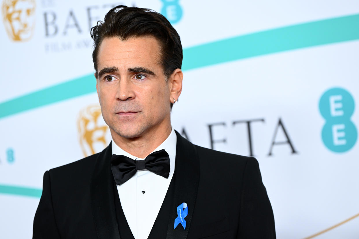 Colin Farrell in a tuxedo at the BAFTA awards.