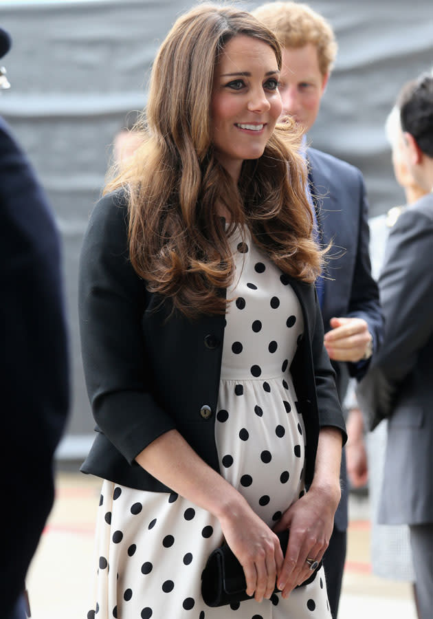Kate Middleton works spring style in Topshop monochrome polka dot dress