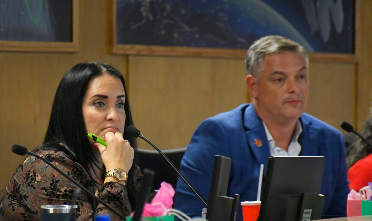 Megan Wright, District 1, and Matt Susin, District 4, are pictured at the May 30, 2023, meeting of the Brevard school board.