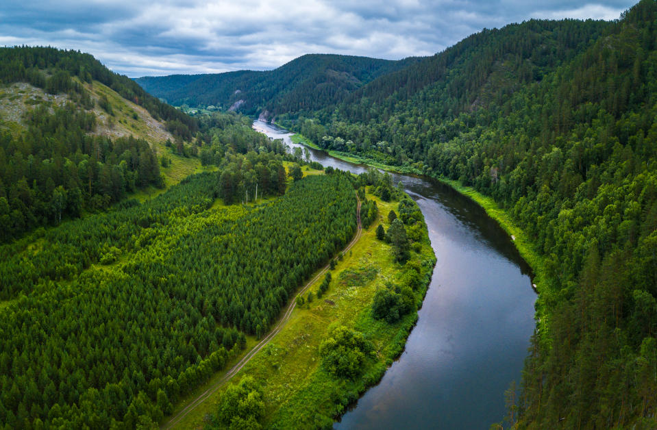 The River of Belaya and Ural Mountains. Russia