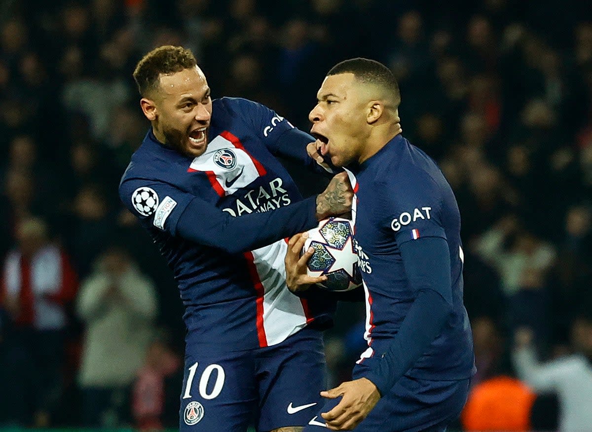 Neymar and Kylian Mbappe celebrate what would turn out to be a disallowed goal (Reuters)