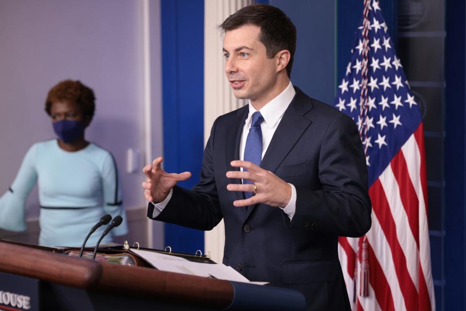 U.S. Secretary of Transportation Pete Buttigieg speaks during the daily briefing at the White House on November 08, 2021 in Washington, DC. Buttigieg answered a range of questions related to the recent passage of a $1.2 trillion infrastructure bill by the U.S. Congress.