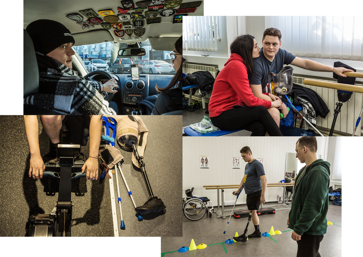 Clockwise from top left: Volodymyr Dziubynskyi driving in Kyiv with his fiancée, Oksana Oliinyk, before taking part in a physical rehabilitation session in November. Training on a rowing machine at a gym in Bucha, outside Kyiv, in December.  (Oksana Parafeniuk for NBC News)