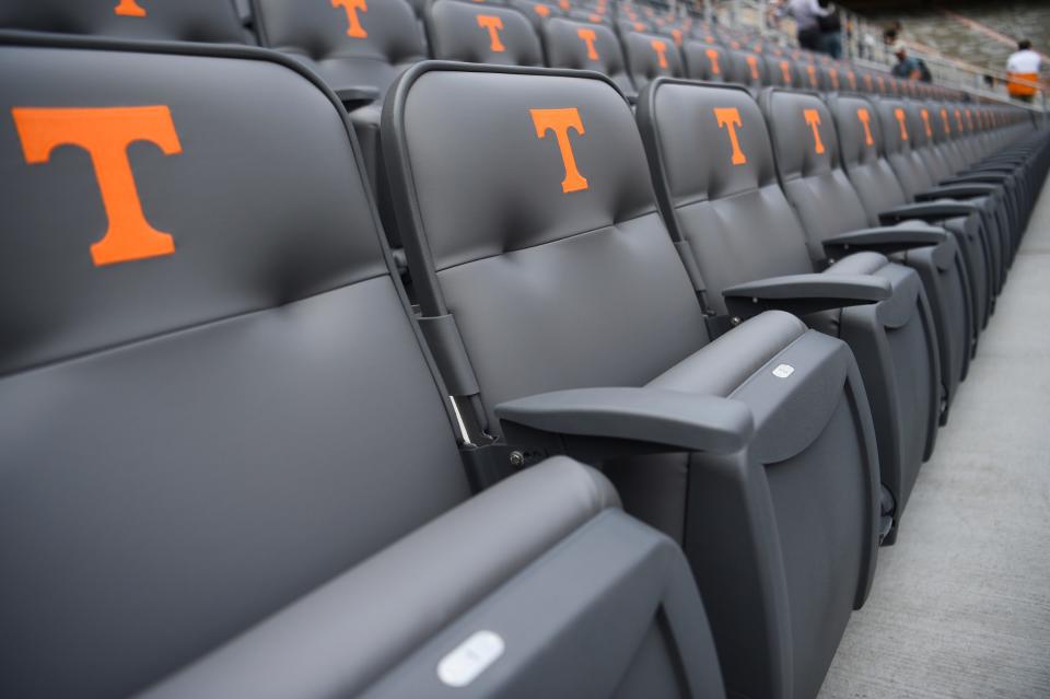 Cushioned seats are a benefit for those with season tickets in the new Lower West Club area in Neyland Stadium.