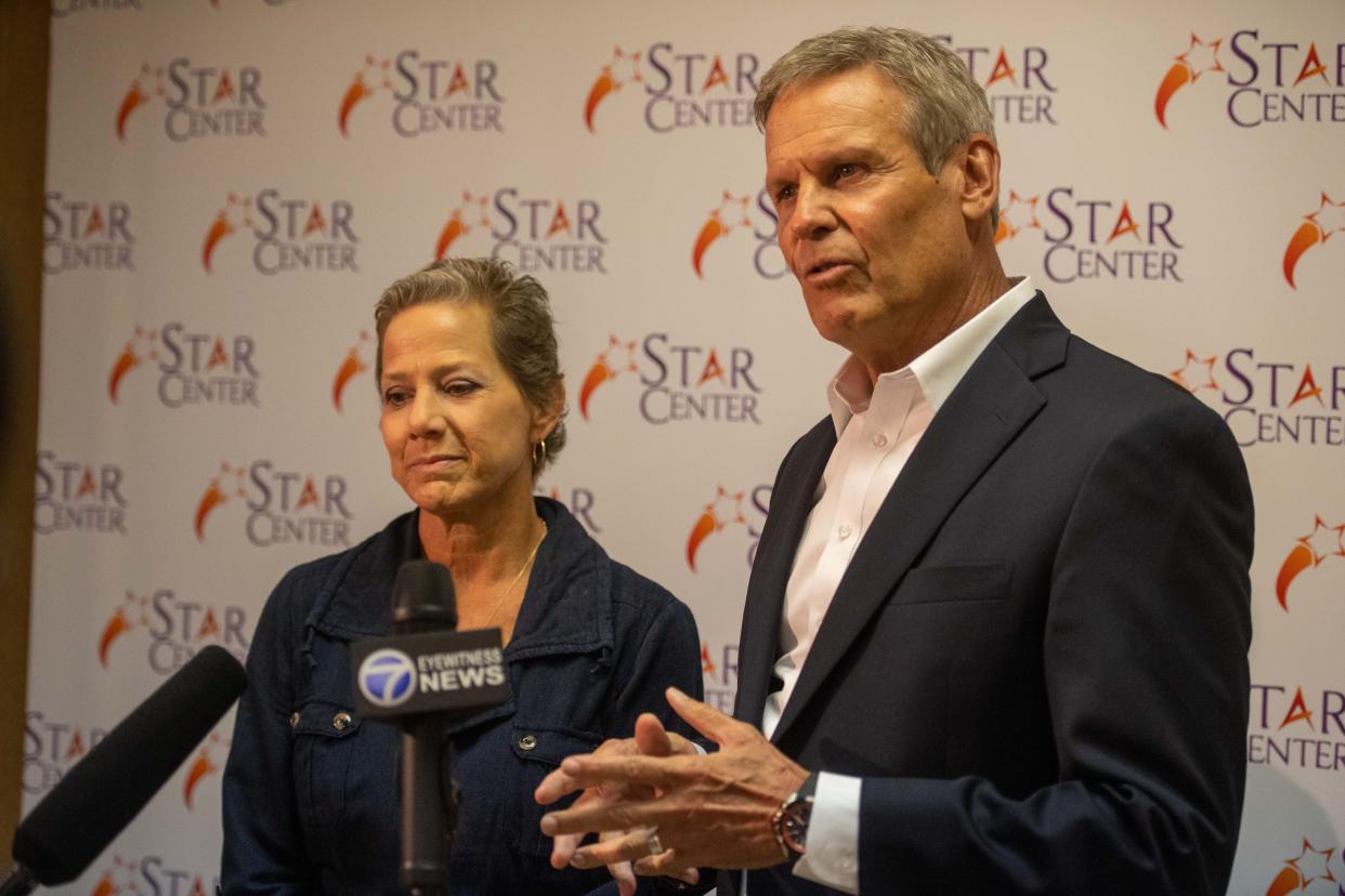 Gov. Bill Lee and First Lady Maria Lee speaks to press after their visit to the STAR Center as part of the Tennessee Serves Project in Jackson, Tennessee on Monday, Aug. 28, 2023.