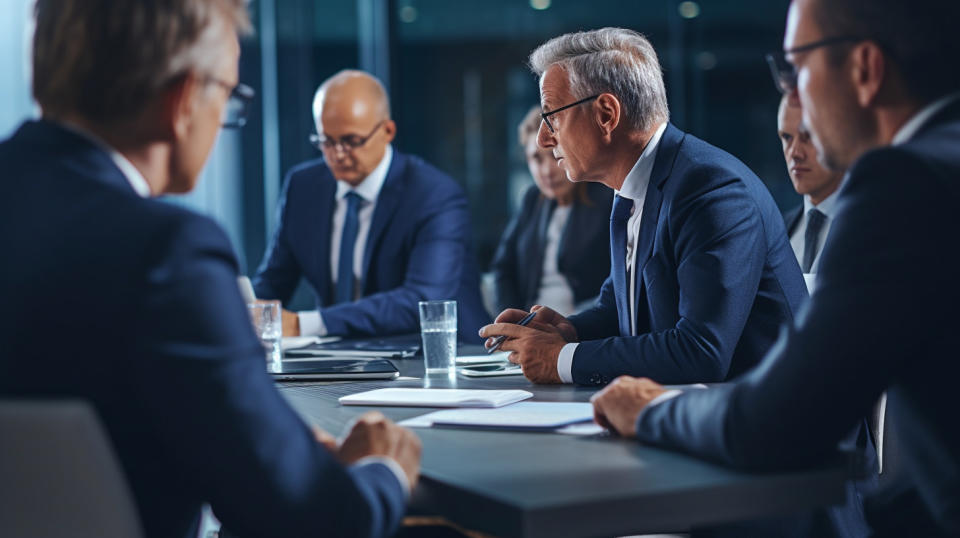 An executive in a suit and tie at a meeting discussing asset management strategies.