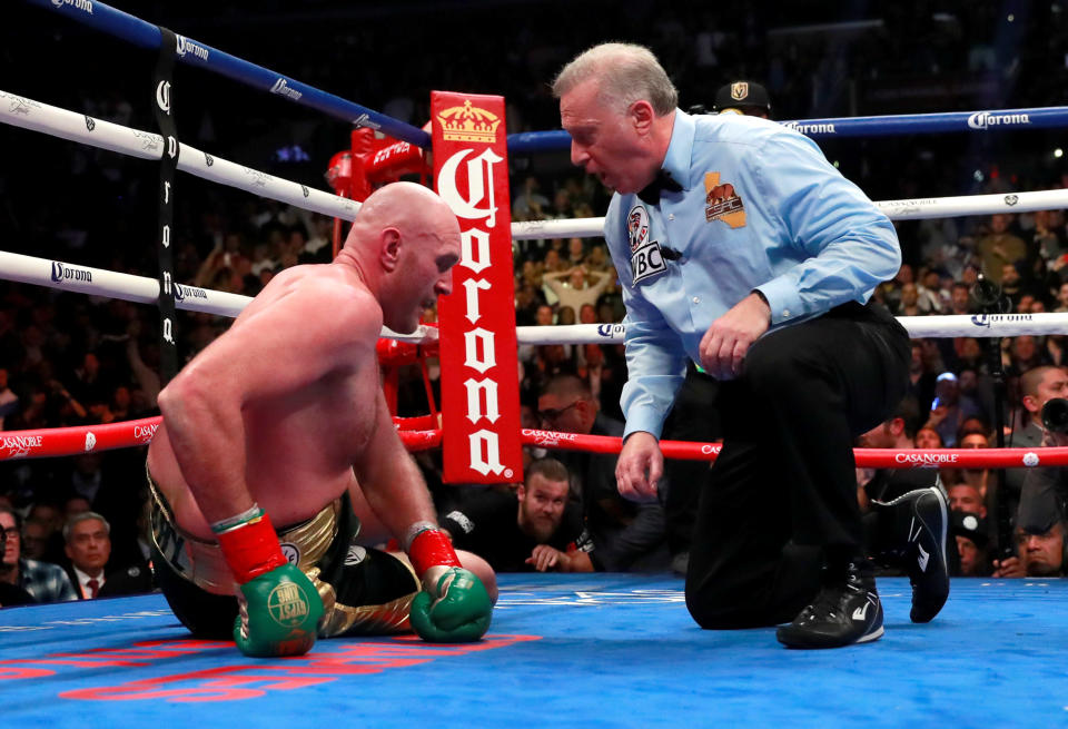 Tyson Fury after being knocked down in the ninth round during his fight against Deontay Wilder. (Action Images via Reuters/Andrew Couldridge)