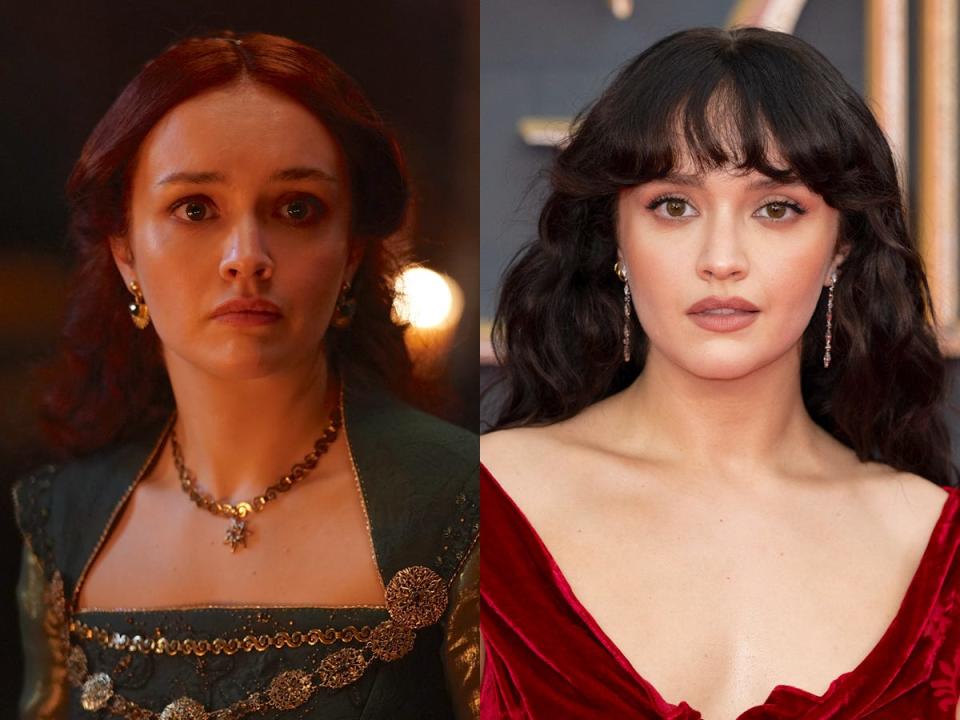 A side-by-side image of a character (Alicent Hightower) in "House of the Dragon" and actor Olivia Cooke.