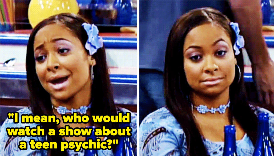 Raven saying, "I mean, who would watch a show about a teen psychic?" then looking at the camera