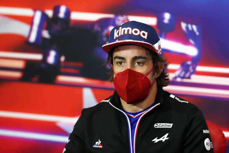 ISTANBUL, TURKEY - OCTOBER 07: Fernando Alonso of Spain and Alpine F1 Team talks in the Drivers Press Conference during previews ahead of the F1 Grand Prix of Turkey at Intercity Istanbul Park on October 07, 2021 in Istanbul, Turkey. (Photo by Sedat Suna - Pool/Getty Images)