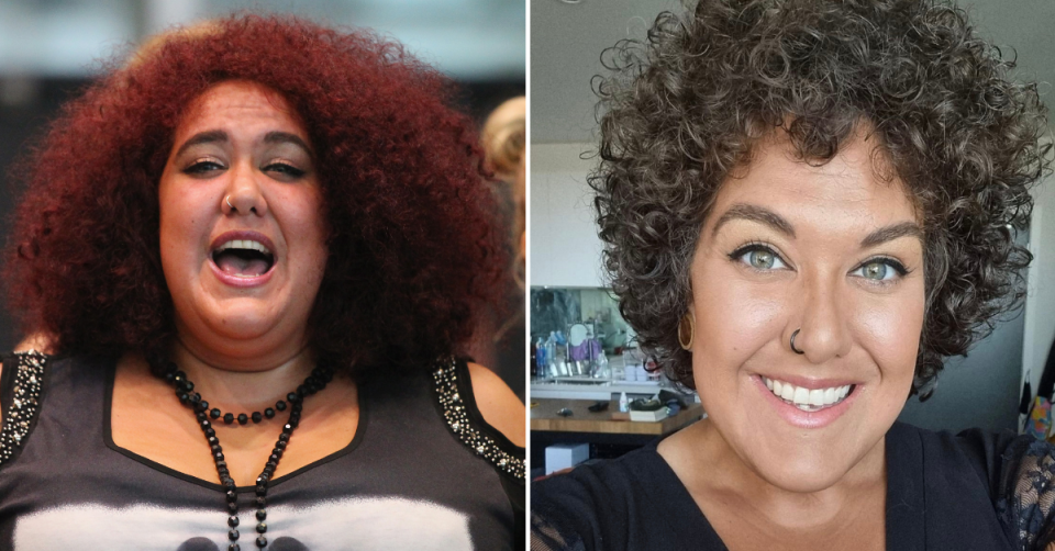 Singer and performer Casey Donovan during rehearsals for We Will Rock You on April 7, 2016 in Sydney, Australia and on instagram in 2021. Left, she is carrying more weight. Right, her face slimmed dramatically.