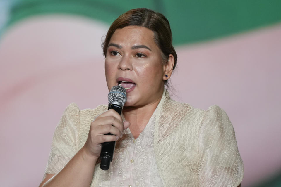 小馬可仕的副手薩拉‧杜特蒂（Sara Duterte）（圖），則是現任總統杜特蒂（Rodrigo Duterte）的女兒。 (AP Photo/Aaron Favila)