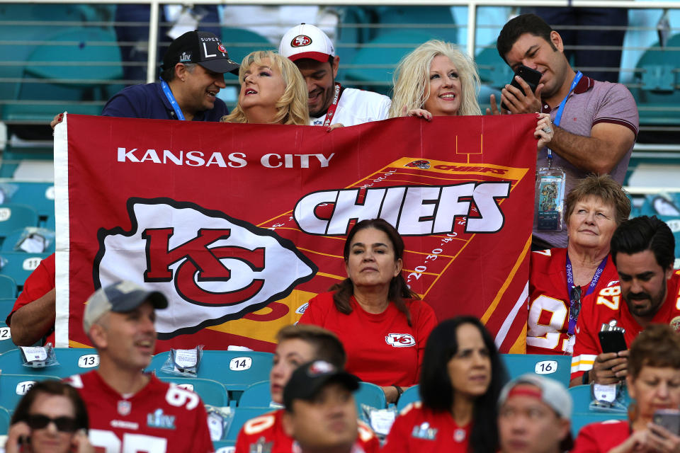 Kansas City Chiefs fans before Super Bowl LIV at Hard Rock Stadium. (Photo by Jamie Squire/Getty Images)