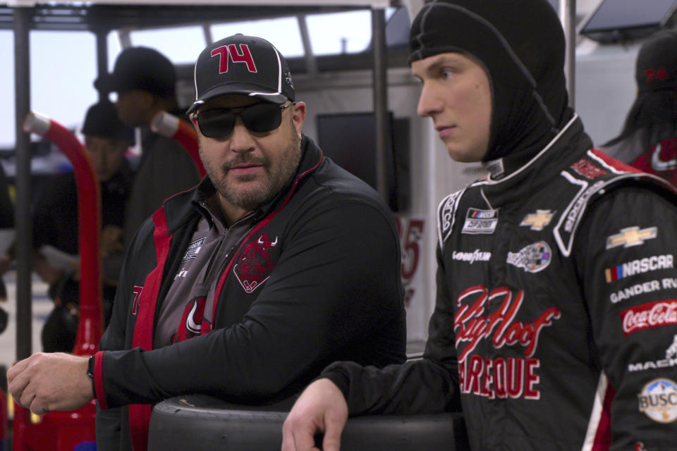 This image released by Netflix shows Kevin James, left, and Freddie Stroma in a scene from the comedy series "The Crew." (Netflix via AP)